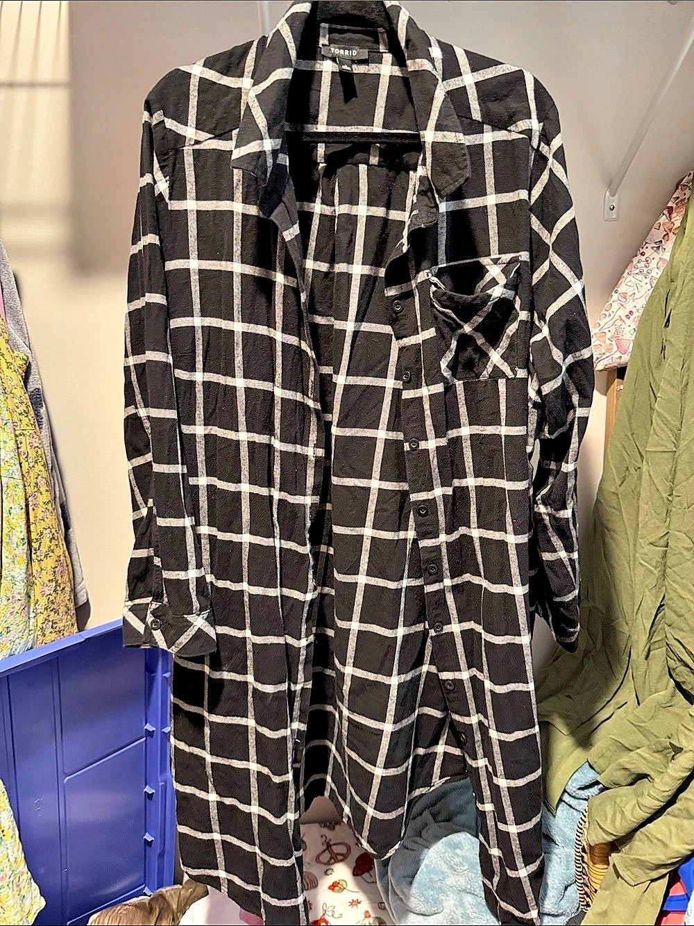 Torrid Flannel Shirt Dress/Duster Black & White Checkered Button Down